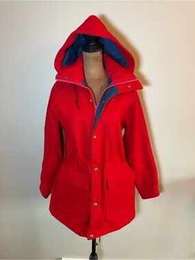 Woolrich Red Hooded Barn Jacket with Blue Lining